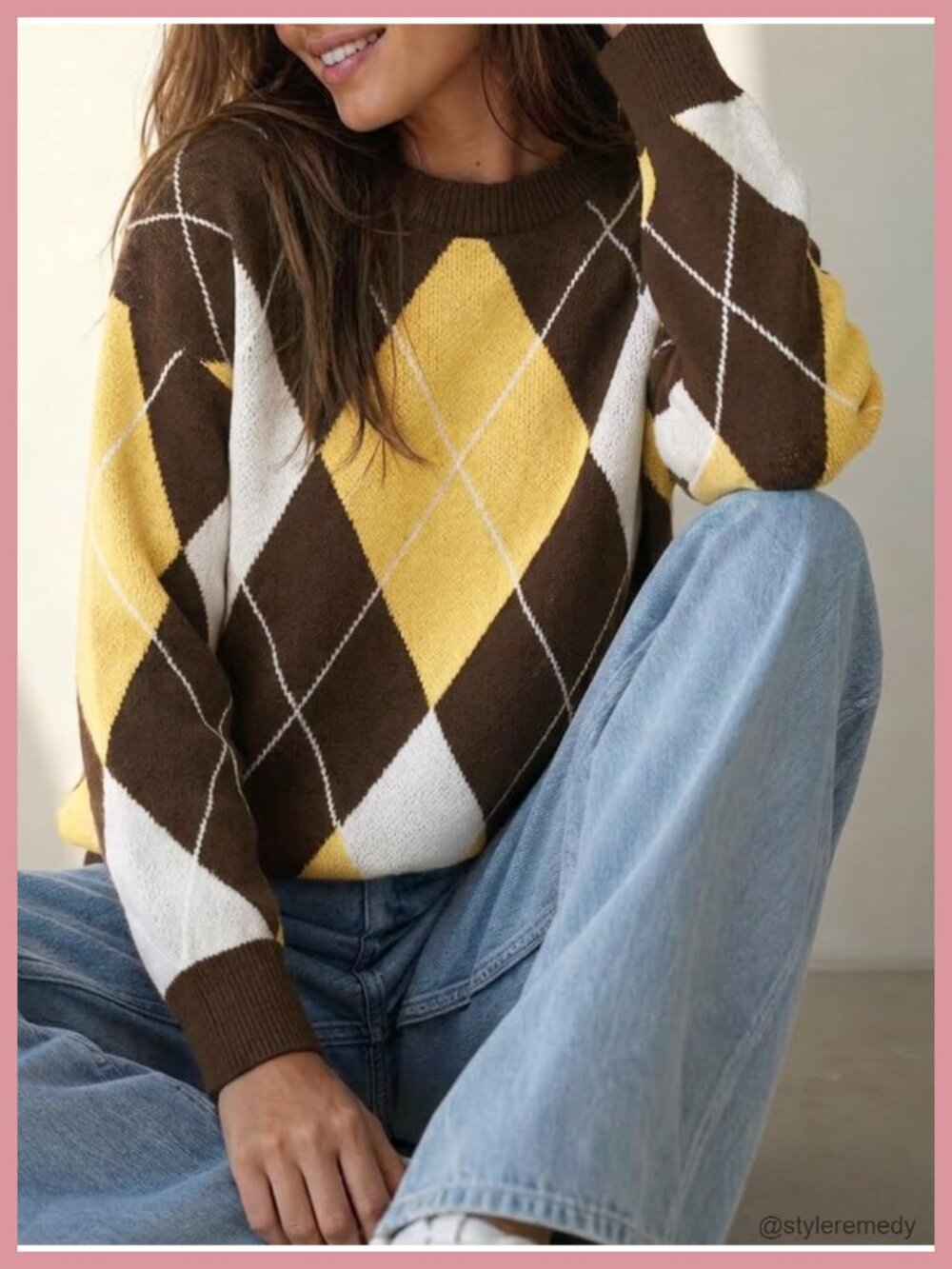 Women's Argyle Knit Pullover Sweater Long Sleeve Crewneck Loose Fit Top - Picture 3 of 6